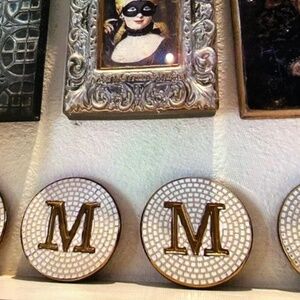 Elegant Mosaic and Brass Monogram Coasters with Cork Bottoms Letter‎ “M”